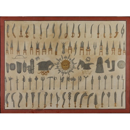 49 - An Indian Painting Depicting the Weapons used in Mewar Dynasty, 20th Century.

Approximately 57cm x ... 