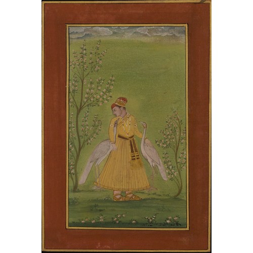 55 - An Indian Pahari School Painting, Prince aux grues, Gouache and Gold on Cardboard, 19th Century.

Ap... 