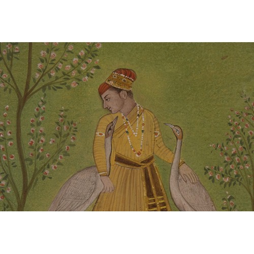 55 - An Indian Pahari School Painting, Prince aux grues, Gouache and Gold on Cardboard, 19th Century.

Ap... 