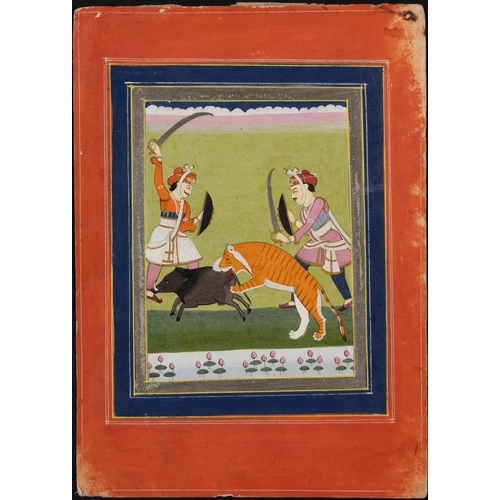 62 - An Indian Rajasthan, Bundi or Uniara Miniature Painting Depicting a Hunting Scene of Maharaja and an... 