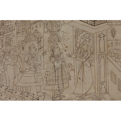 69 - An Indian Fine Pencil Drawing of Krishna's Arrival at Mathura, Circa 1950.

Approximately 42.5cm x 2... 