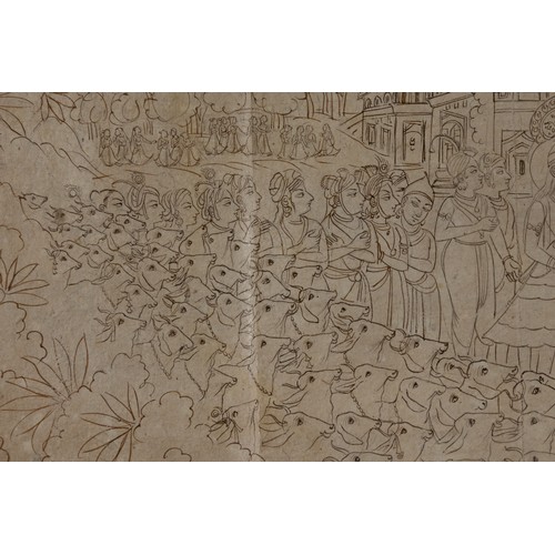 69 - An Indian Fine Pencil Drawing of Krishna's Arrival at Mathura, Circa 1950.

Approximately 42.5cm x 2... 