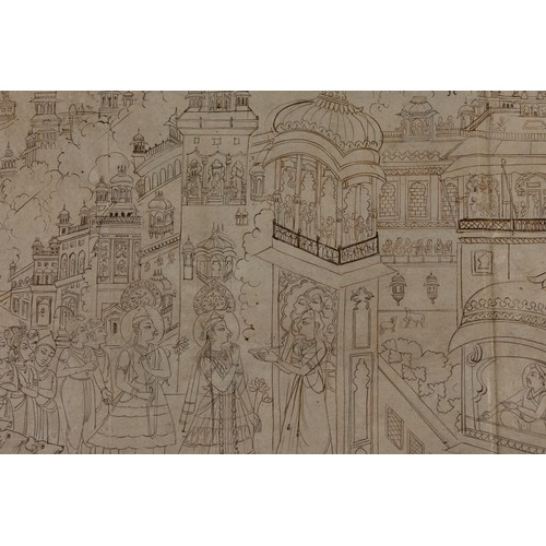 69 - An Indian Fine Pencil Drawing of Krishna's Arrival at Mathura, Circa 1950.

Approximately 42.5cm x 2... 