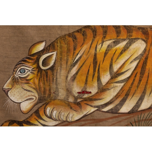 77 - A Large Indian Rajasthan Oil & Opaque Painting on Cloth of a Tiger, 20th Century.

Approximately 108... 