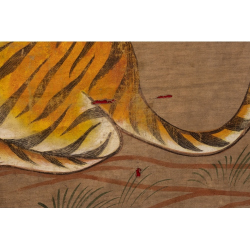 77 - A Large Indian Rajasthan Oil & Opaque Painting on Cloth of a Tiger, 20th Century.

Approximately 108... 