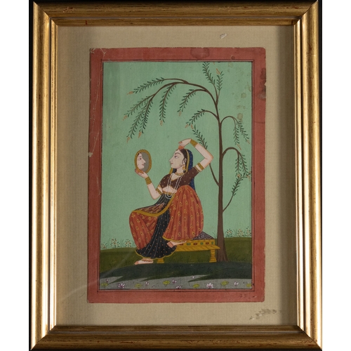 81 - An Indian Minatare Painting Depicting a Woman Looking at a Mirror in the Field.

Without frame: 14.3... 