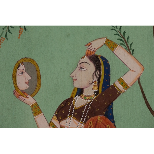 81 - An Indian Minatare Painting Depicting a Woman Looking at a Mirror in the Field.

Without frame: 14.3... 