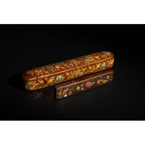 126 - An Islamic Indian Lacquer Paper Mache Pen Box Qalamdan Decorated with Floral Patterns & Birds, Proba... 