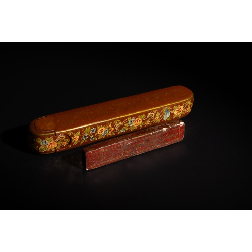 126 - An Islamic Indian Lacquer Paper Mache Pen Box Qalamdan Decorated with Floral Patterns & Birds, Proba... 