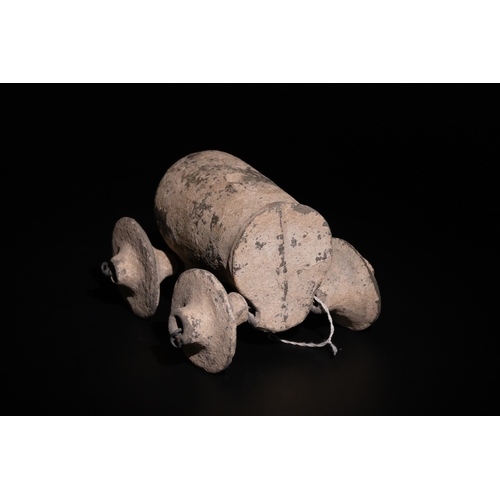 269 - An Ancient Rare Clay Wheeled Tanker, Circa 1500 B.C. - 1200 B.C., Probably Used as a Toy.

L: Approx... 