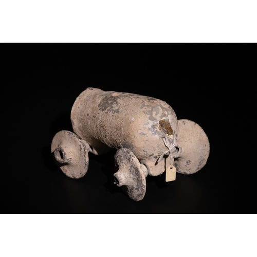 269 - An Ancient Rare Clay Wheeled Tanker, Circa 1500 B.C. - 1200 B.C., Probably Used as a Toy.

L: Approx... 