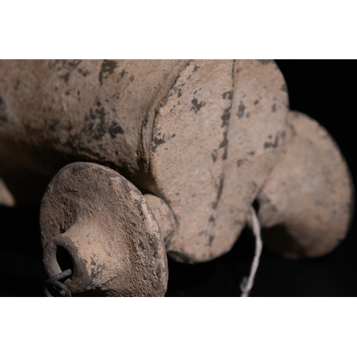 269 - An Ancient Rare Clay Wheeled Tanker, Circa 1500 B.C. - 1200 B.C., Probably Used as a Toy.

L: Approx... 