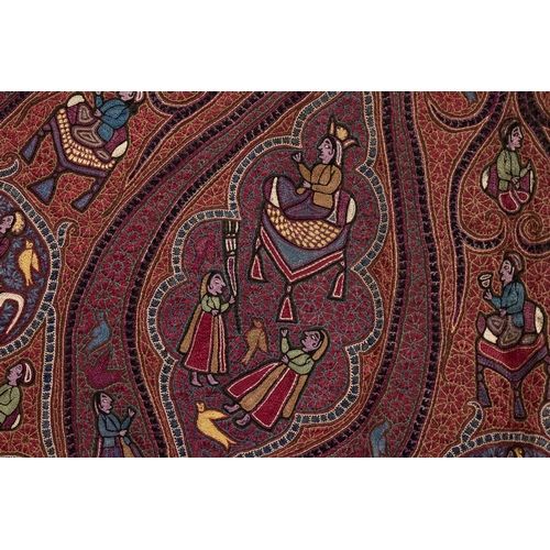 92 - An Indian Silk Embroidered Square Shawl (Amli Rumal),Decorated with Horse Riders, Animals, Women Gat... 