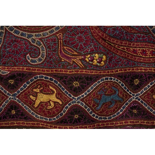 92 - An Indian Silk Embroidered Square Shawl (Amli Rumal),Decorated with Horse Riders, Animals, Women Gat... 