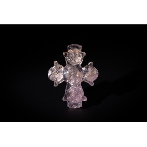 An Orthodox Amethyst Cross Engraved on Both Sides, Presenting the Christ Bust & the 4 Evangelists Busts, and Low Reliefs. The Virgin Bust in the Orant Prayer Pose with Hands Upraised and with the Angel Michel and Saints, Probably Byzantine or Later.

Approximately 5.5cm x 4.3cm