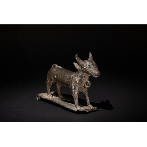 75 - A Cambodian Bronze Figure of a Buffalo, Standing on a Rectangular Plinth, with Remains of Old Mount ... 