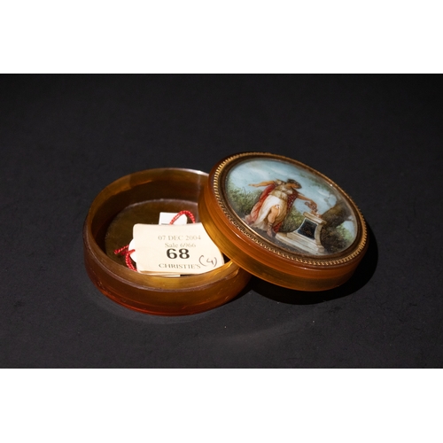 30 - A Circular Tortoiseshell Bonbonniere, 19th Century, with the Lid Inset with a Glazed Miniature of a ... 