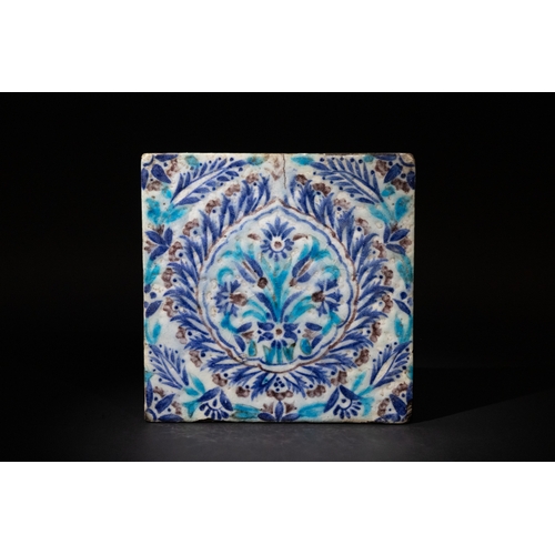 303 - An Islamic Ottoman Damascus Pottery Tile, 17-18th Century, Depicting Blue & Turquoise Floral Motifs.... 