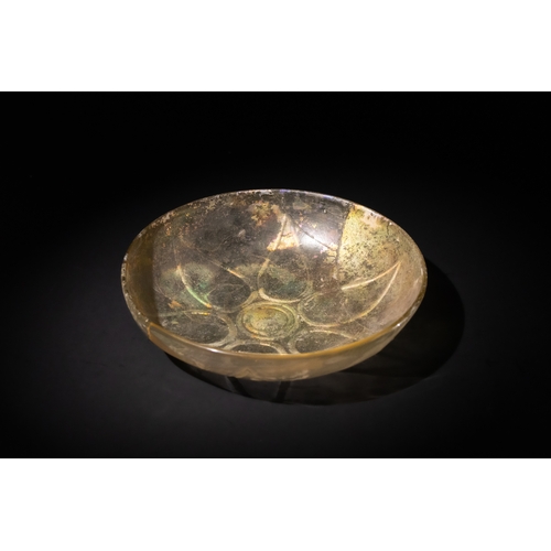 87 - An Achaemenid Glass Bowl, Ancient Persian Empire, 4th -5th Century B.C, with Floral Engraving.

D: A... 