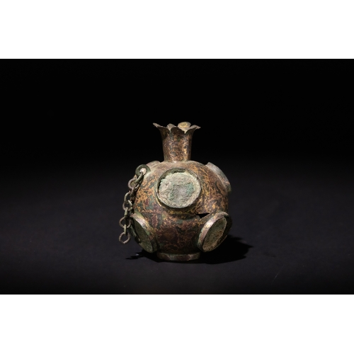 97 - An Unusually Shaped Sassanian Bronze Bottle, Possibly Used as a Perfume Bottle, 3rd-7th Century.

H:... 