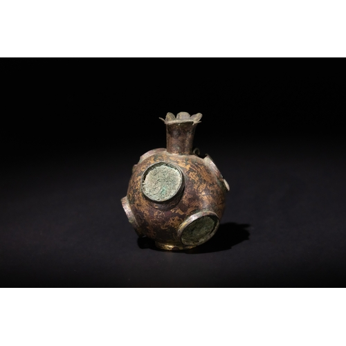 97 - An Unusually Shaped Sassanian Bronze Bottle, Possibly Used as a Perfume Bottle, 3rd-7th Century.

H:... 