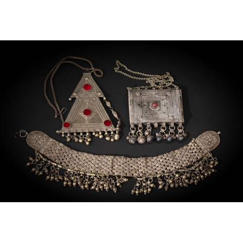 125 - A Lot of Tribal Yemeni White Metal Jewellery Consisting of a Headband, and 2 Necklaces Decorated wit... 