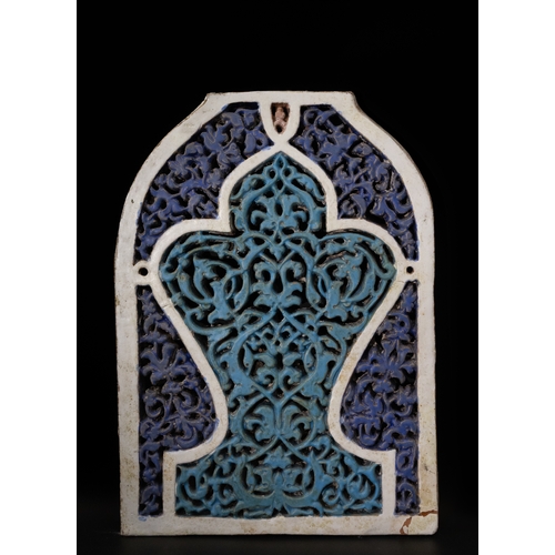 316 - A Rare Islamic Deeply Carved Dark Blue & Turquoise Tile Panel, Timurid Style, 19th Century, Decorate... 