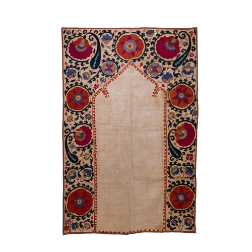 330 - An Uzbek Silk on Cotton Suzani Embroidered Prayer Hanging Textile, 19th Century.

Approximately 149 ... 