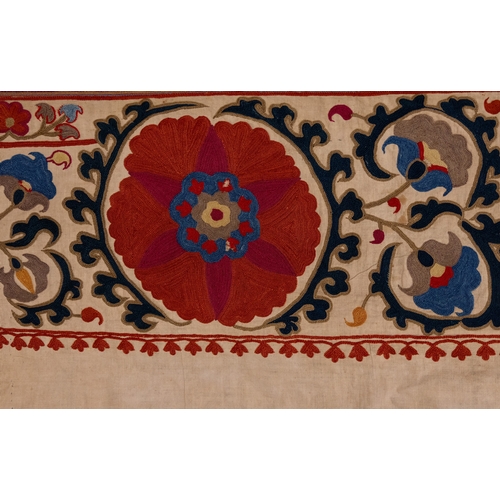 330 - An Uzbek Silk on Cotton Suzani Embroidered Prayer Hanging Textile, 19th Century.

Approximately 149 ... 