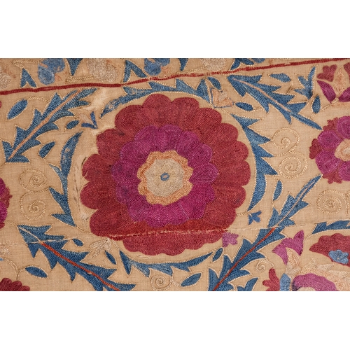 335 - An Uzbek Silk on Cotton Suzani Embroidered Curtain Textile, 19th Century.

Approximately 231 x 159cm... 