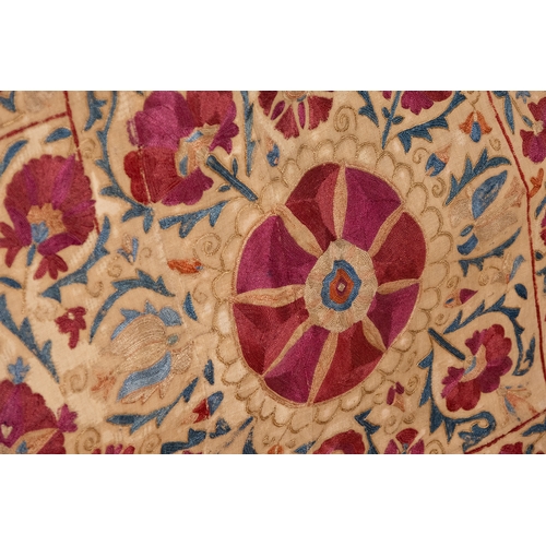 335 - An Uzbek Silk on Cotton Suzani Embroidered Curtain Textile, 19th Century.

Approximately 231 x 159cm... 