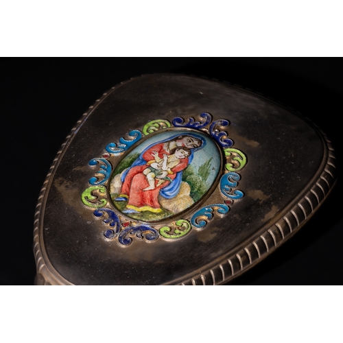 105 - A Qajar Silver Hand Mirror with Enamel Depicting a Lady and Child.

A Qajar silver hand mirror featu... 