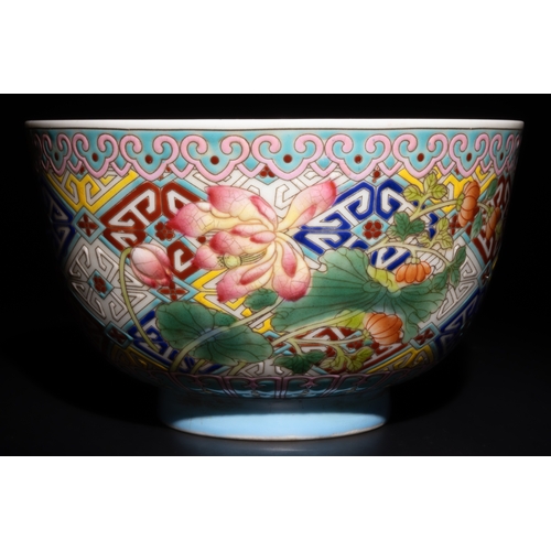 325 - **NO RESERVE**

A Chinese Famille Rose Porcelain Bowl with Floral and Geometric Designs and 4 Charac... 