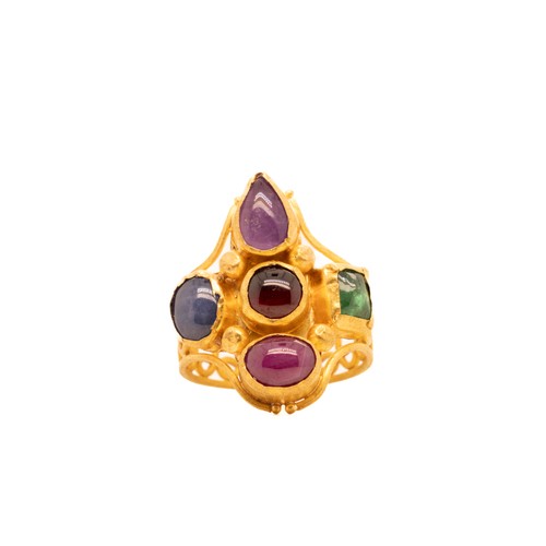 8 - A Byzantine Gold Ring with Cross Design, Set with Ruby, Emerald, Amethyst, Garnet, and Sapphire Cabo... 