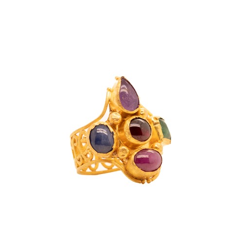 8 - A Byzantine Gold Ring with Cross Design, Set with Ruby, Emerald, Amethyst, Garnet, and Sapphire Cabo... 