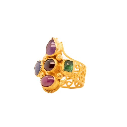 8 - A Byzantine Gold Ring with Cross Design, Set with Ruby, Emerald, Amethyst, Garnet, and Sapphire Cabo... 