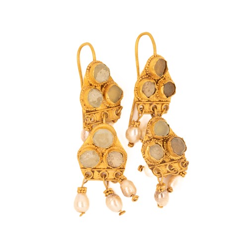 18 - A Pair of Byzantine Gold Earrings with Pearls and Glass Beads.

These earrings feature a delicate co... 