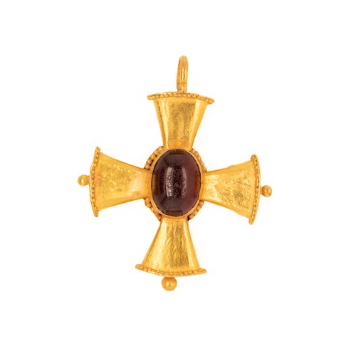 29 - A Late Byzantine Gold Cross Pendant with Garnet, 13th Century or Later.

A Late Byzantine gold cross... 