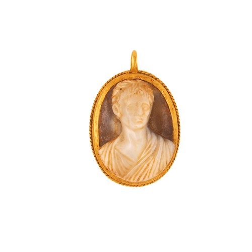 A Roman Gold and Agate Cameo Pendant, Possibly Representing Augustus.

This Roman cameo features a detailed portrait carved from agate, possibly representing Augustus, the first Roman emperor. The figure is depicted with the youthful, idealised profile characteristic of Augustus's likenesses

10.1g