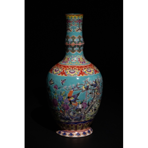 88 - A Chinese Turquoise-Ground Porcelain Vase with Floral and Bird Motifs with 4 Character Marks to the ... 