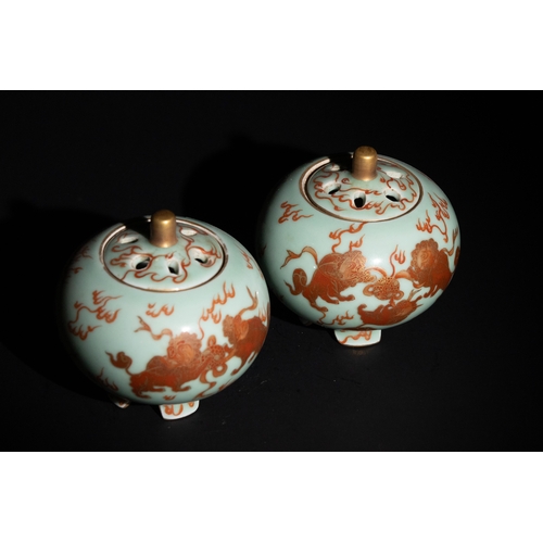 95 - A Pair of Chinese Celadon Porcelain Incense Burners with Gilded Shishi Motifs & 6 Character Marks to... 