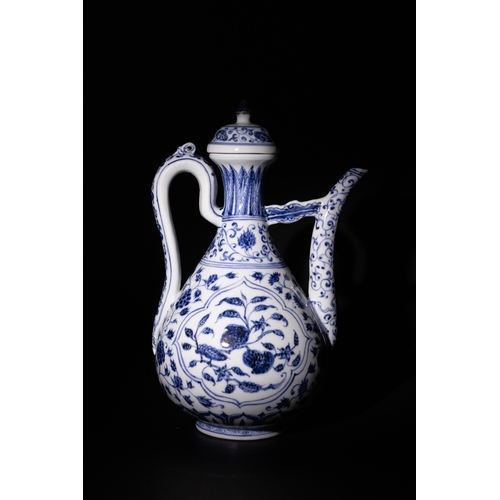 130 - A Chinese Blue and White Porcelain Ewer with Floral Motifs and Curved Handle & Six Character Marks t... 