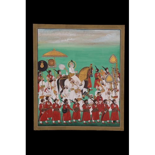205 - An Indian Painting of Maharana Sarup Singh in procession with attendants on foot, India, Circa 1950.... 
