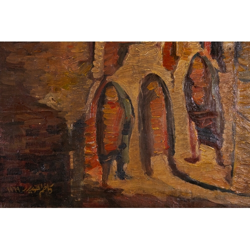 10 - Kadhim Hayder (Iraq, 1932-1985) – Abstract Composition with Three Figures Before Buildings.

An expr... 