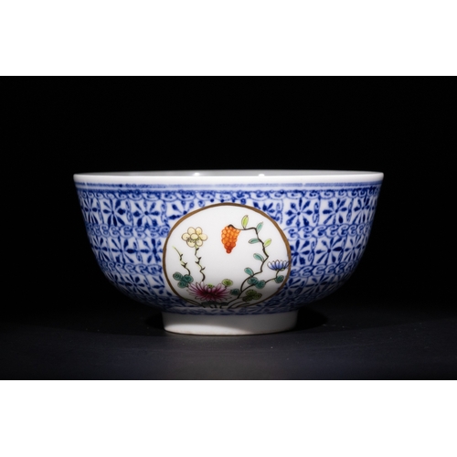 385 - A Chinese Porcelain Blue and White Bowl with Medallion Panels, with Six Character Marks to the Base.... 
