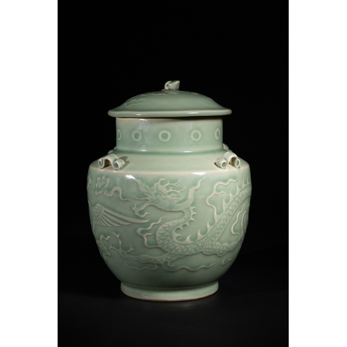 271 - A Chinese Longquan Kiln Celadon Porcelain Dragon and Phoenix Jar, Possibly Yuan Dynasty - A lidded c... 
