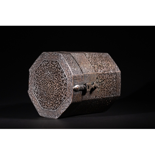 117 - An Indo-Persian Pierced Calligraphic Tinned Copper Casket, 19th Century - An octagonal metal casket,... 