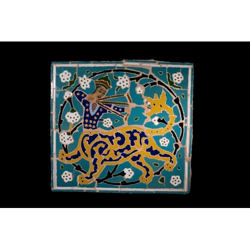 221 - A Persian Isfahan Mosaic Tile Depicting a Hunter on a Leopard, 20th Century.

The design features a ... 