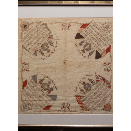 21 - A Framed Printed Silk Scarf Commemorating Anglo–Russian Musical Collaboration, Featuring “God Save t... 
