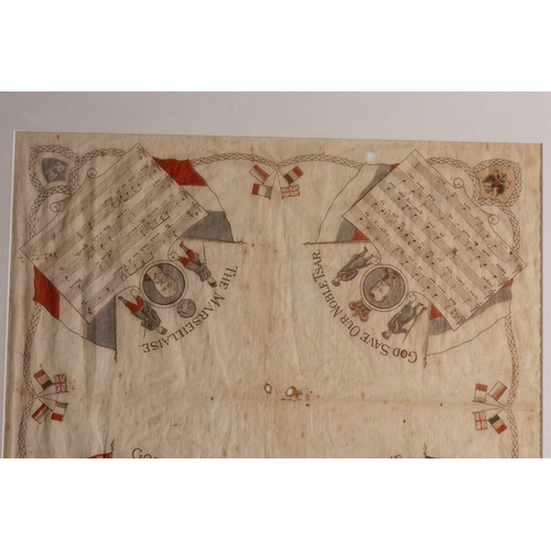 21 - A Framed Printed Silk Scarf Commemorating Anglo–Russian Musical Collaboration, Featuring “God Save t... 